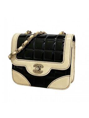 Chanel Shoulder Bag Choco Bar Leather Patent Black White Silver